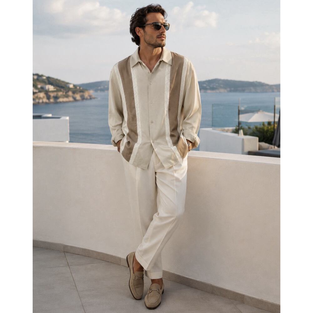 Men's Cream & Tan Vertical-Stripe Resort Shirt